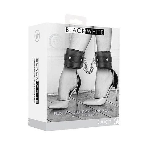 OUCH! BW Plush Bonded Leather Ankle Cuffs by Shots Toys - Cuffs and Restraints