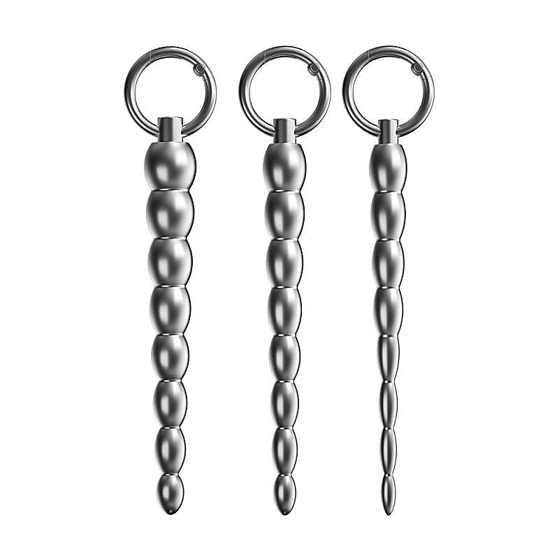 Ribbed Metal Dilator Urethral Beads With Ring By Bdstyle - Urethral Sounds