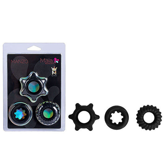 Maia MANZO Stretchy Silicone Cock Rings Set of 3 Black - Cock Ring Sets
