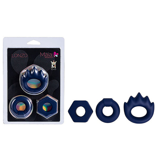 Maia LONZO Stretchy Silicone Cock Rings Set of 3 Blue - Cock Ring Sets
