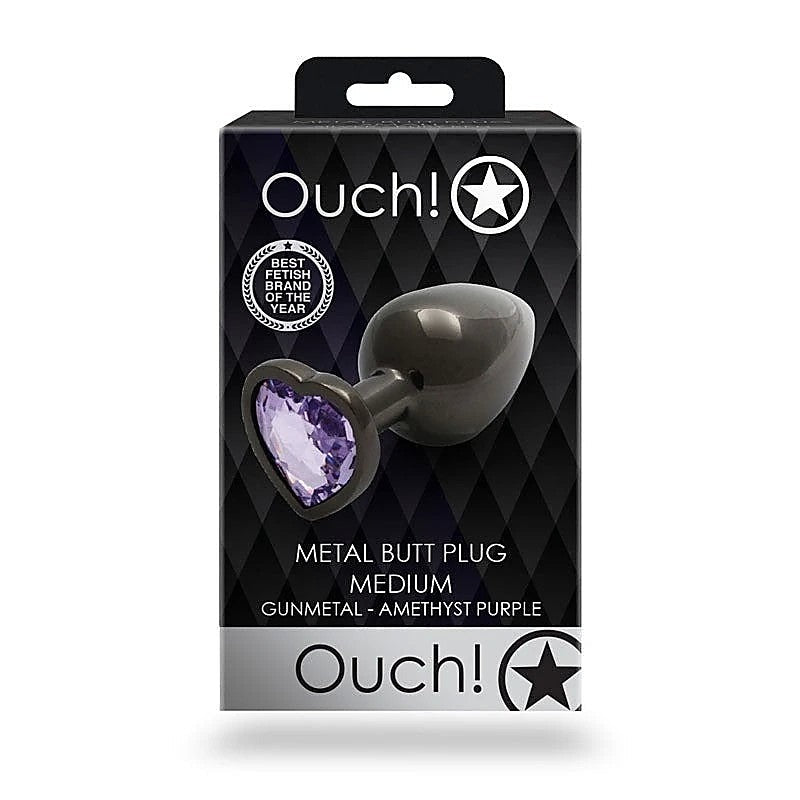 Ouch Heart Gem Base Gunmetal Butt Plug Medium By Shots Toys - Butt Plugs
