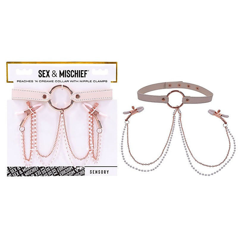Peaches N Creame Collar With Nipple Clamps By Sportsheets - Nipple and Clit Clamps