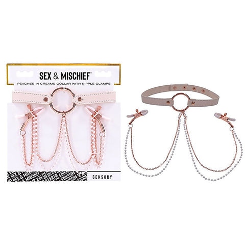 Peaches N Creame Collar With Nipple Clamps By Sportsheets - Nipple and Clit Clamps