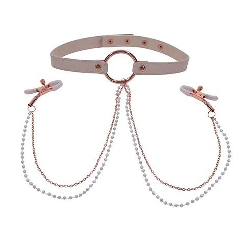 Peaches N Creame Collar With Nipple Clamps By Sportsheets - Nipple and Clit Clamps