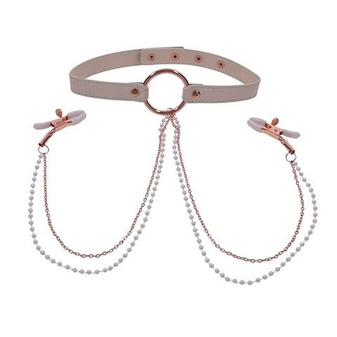 Peaches N Creame Collar With Nipple Clamps By Sportsheets - Nipple and Clit Clamps