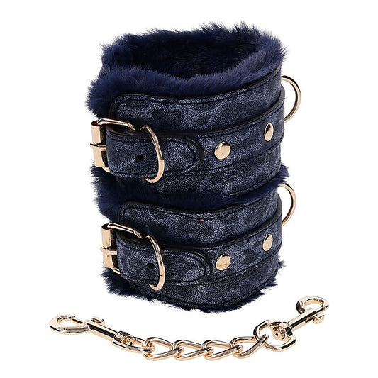 Sportsheets Sex & Mischief Cougar Fur Handcuffs Restraints Navy Blue / Gold - Cuffs And Restraints