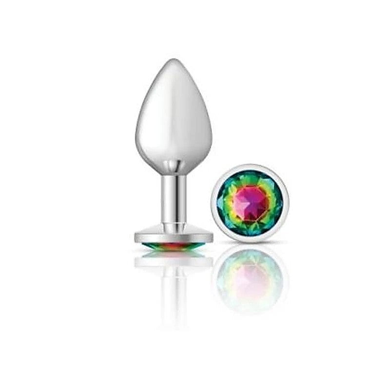 Cheeky Charms Silver Round Butt Plug With Rainbow Jewel - Butt Plugs