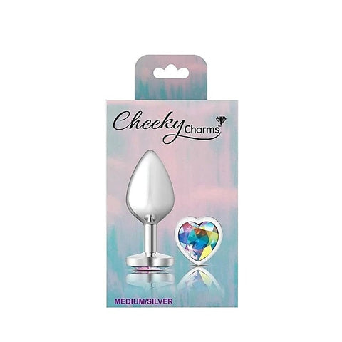 Cheeky Charms Silver Metal Anal Plug With Heart Clear Jewel - Butt Plugs