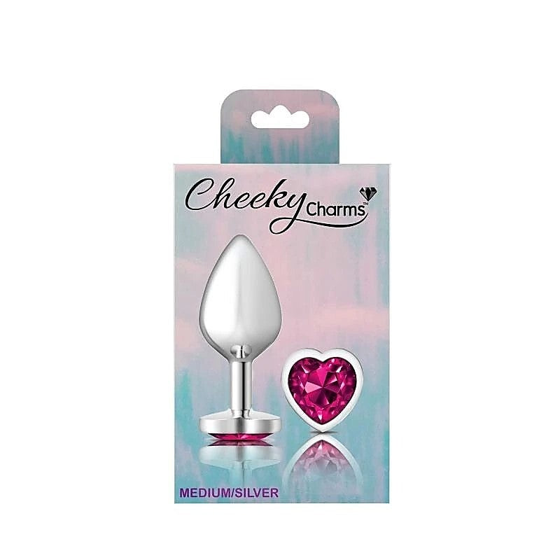 Cheeky Charms Silver Metal Butt Plug With Heart Pink Jewel - Butt Plugs