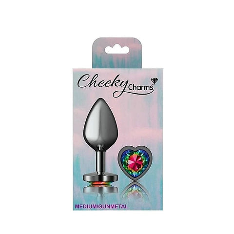Cheeky Charms Gunmetal Butt Plug With Heart Rainbow Jewel - Butt Plugs