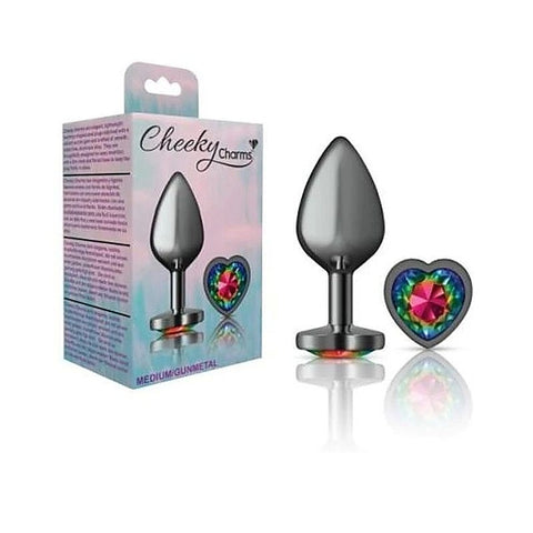 Cheeky Charms Gunmetal Butt Plug With Heart Rainbow Jewel - Butt Plugs