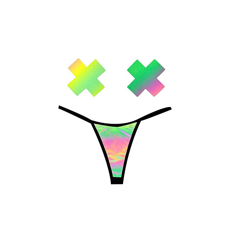 Rainbow Reflective G String & X Pastie Set By Neva Nude - G-Strings, Panties and Shorts