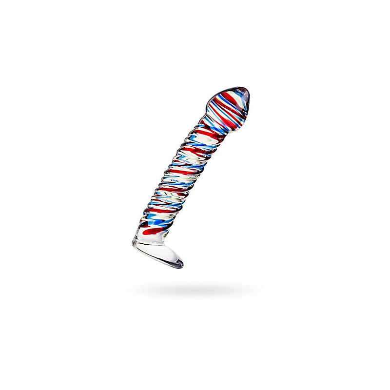 Sexus Glass Dildo Stripes With Base 16cm Blue & Red - Glass Sex Toys