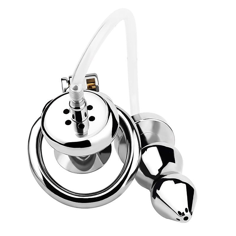 Stainless Steel Male Chastity Cage With Enema Butt Plug - Male Chastity
