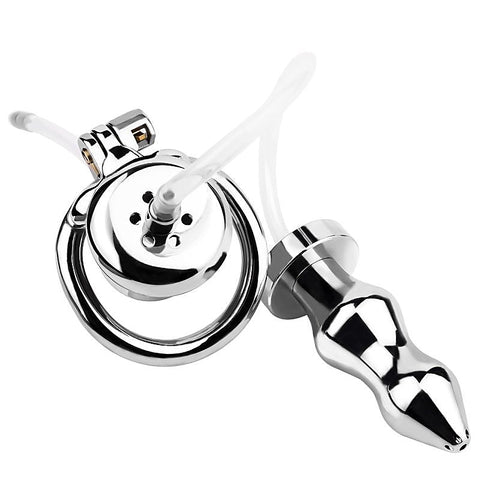 Stainless Steel Male Chastity Cage With Enema Butt Plug - Male Chastity