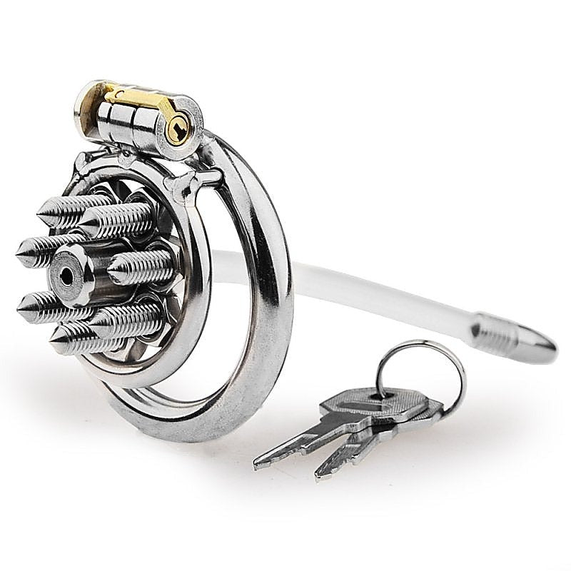 BDStyle Spikes Flat Chastity Cock Cage With Urethral Sound - Male Chastity