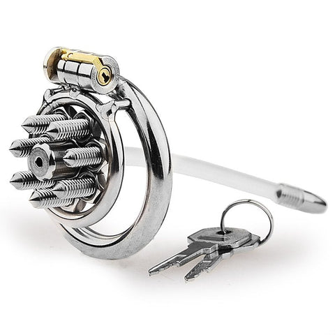 BDStyle Spikes Flat Chastity Cock Cage With Urethral Sound - Male Chastity