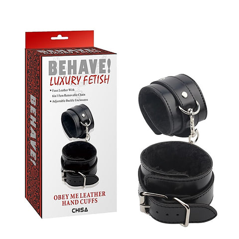 Behave Obey Me Leather Bondage Hand Cuffs Black - Cuffs And Restraints