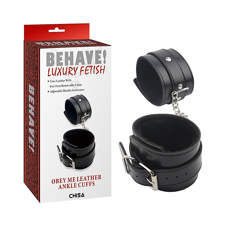 Behave Obey Me Leather Fetish Ankle Cuffs Black - Cuffs And Restraints