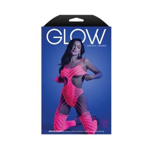 Radiant Rhinestone Glow Bodystocking - Neon Pink UV-Reactive Delight - Body Stockings