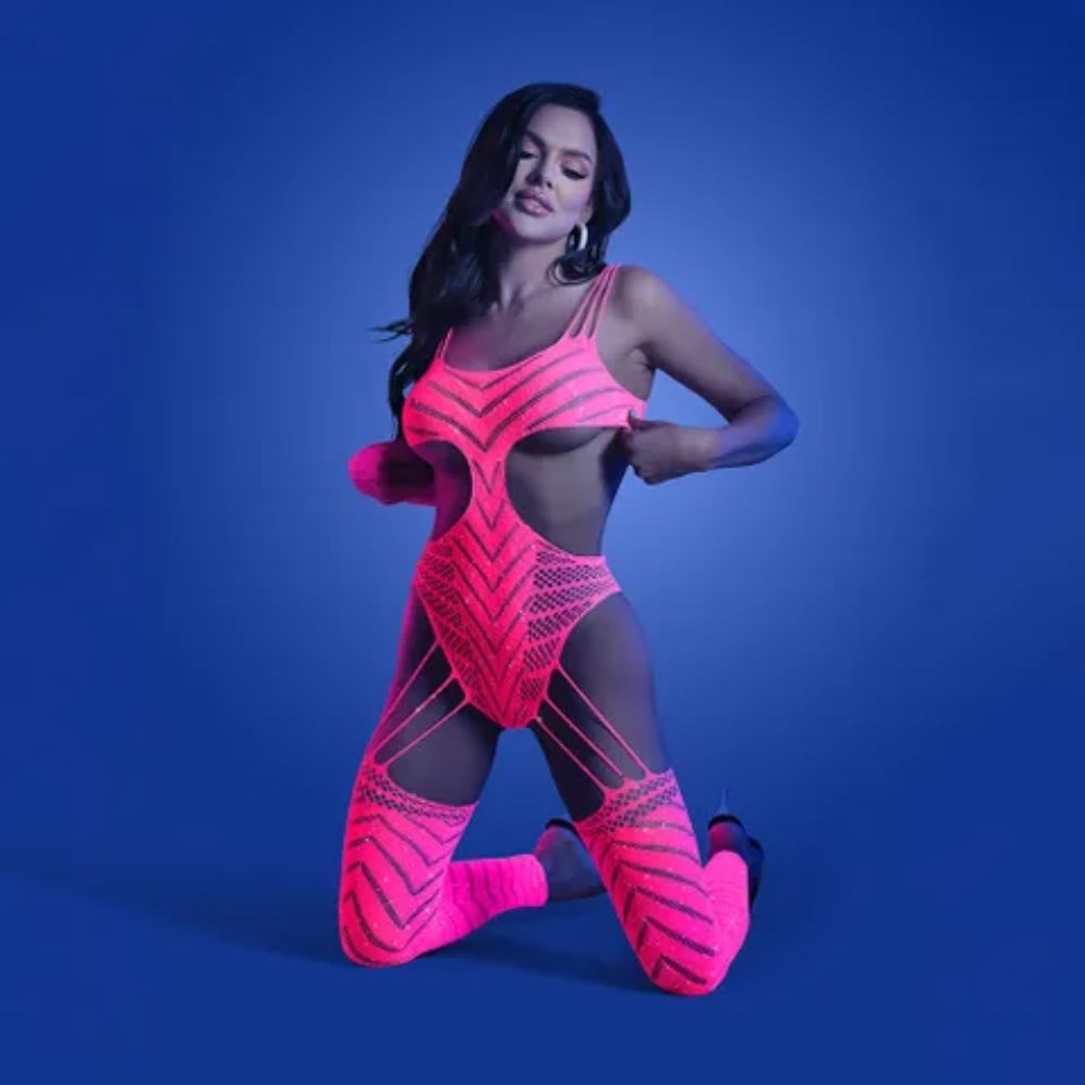 Radiant Rhinestone Glow Bodystocking - Neon Pink UV-Reactive Delight - - Body Stockings