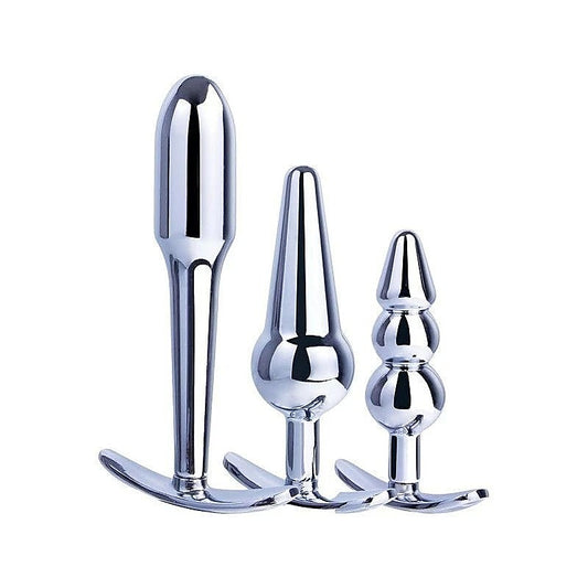 Hardware Gear 3 In 1 Metal Butt Plug Kit Set With Pull Ring Design Chrome - Butt Plugs