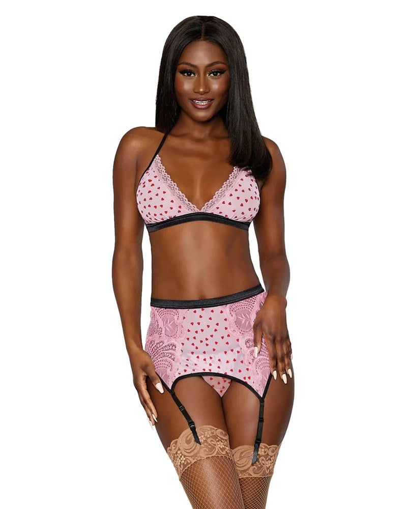 Dreamgirl Flocked Heart Bralette Garter Belt and G-String Set - - Bras and Bra Sets