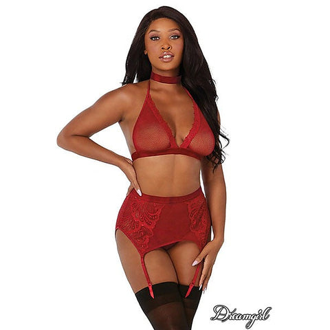 Fishnet And Lace Bra Garter Belt And G-String Set - Bras and Bra Sets