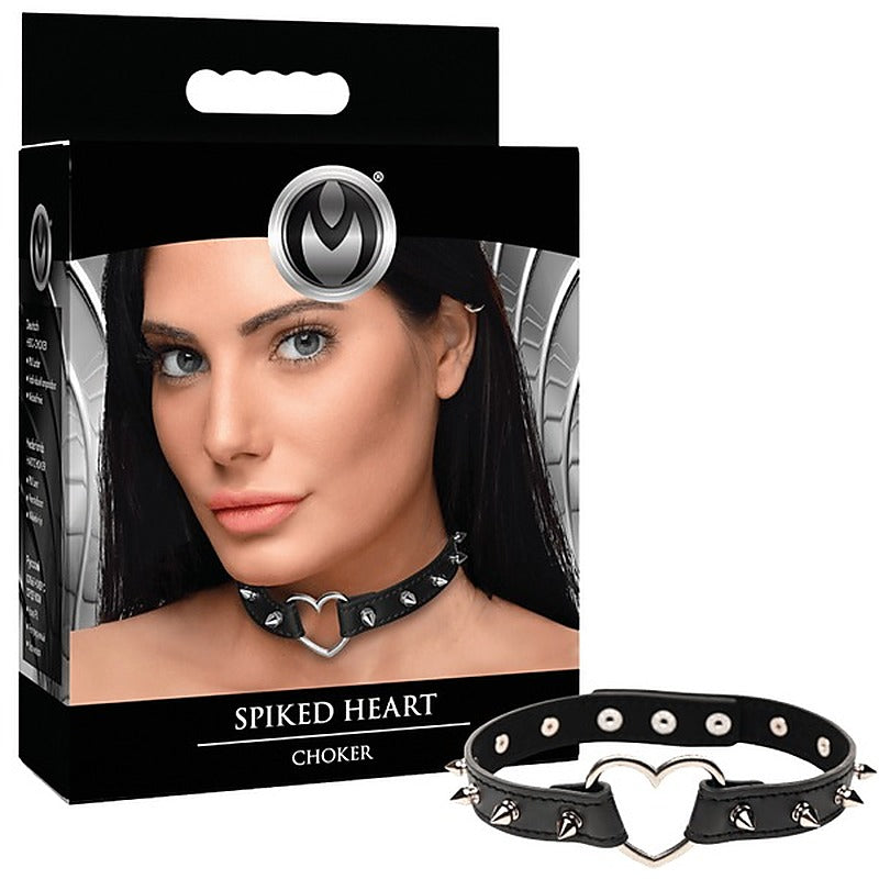 Master Series Spiked Heart Bondage Choker Black - Collars and Leads