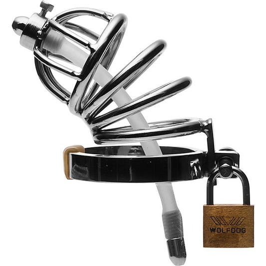 Master Series Stainless Steel Chastity Cage With Silicone Urethral Plug - Male Chastity