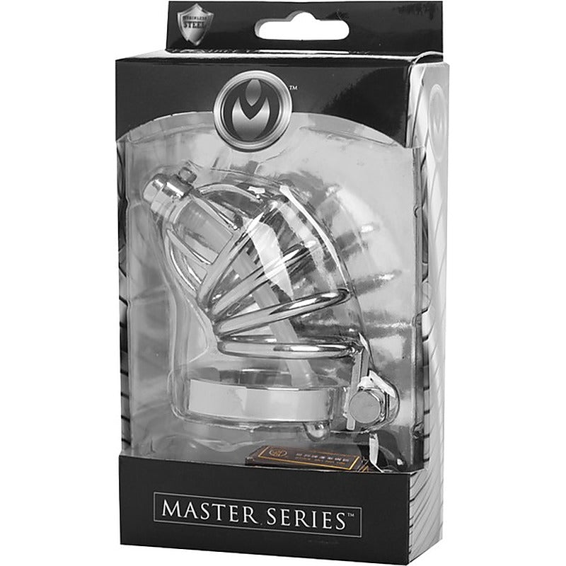 Master Series Stainless Steel Chastity Cage With Silicone Urethral Plug - Male Chastity