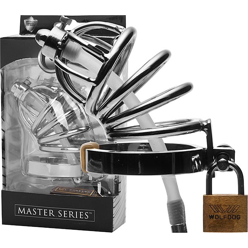 Master Series Stainless Steel Chastity Cage With Silicone Urethral Plug - Male Chastity