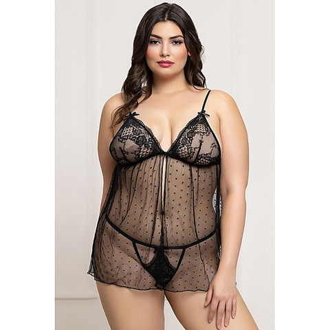 2 Piece Lace and Dot Mesh Babydoll Set - BabyDolls And Chemises