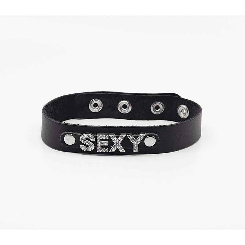 Love In Leather Diamante Sexy Word BDSM Collar - Collars and Leads