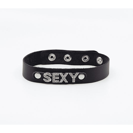 Love In Leather Diamante Sexy Word BDSM Collar - Collars and Leads