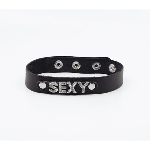 Love In Leather Diamante Sexy Word BDSM Collar - Collars and Leads