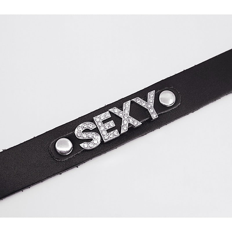 Love In Leather Diamante Sexy Word BDSM Collar - Collars and Leads
