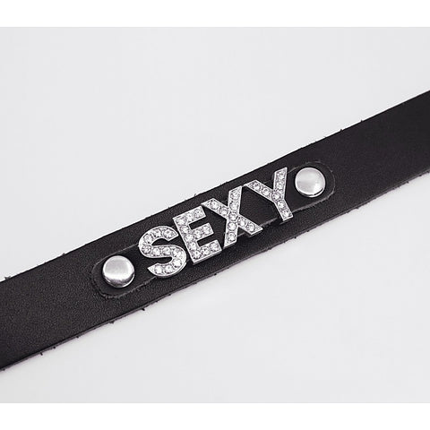 Love In Leather Diamante Sexy Word BDSM Collar - Collars and Leads