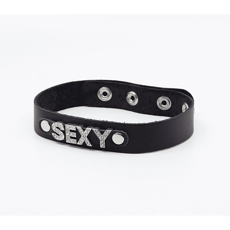 Love In Leather Diamante Sexy Word BDSM Collar - Collars and Leads
