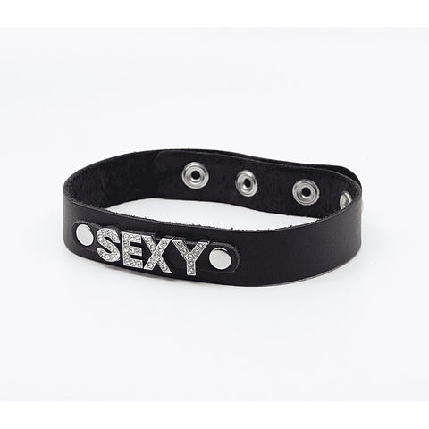 Love In Leather Diamante Sexy Word BDSM Collar - Collars and Leads
