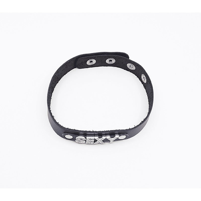 Love In Leather Diamante Sexy Word BDSM Collar - Collars and Leads