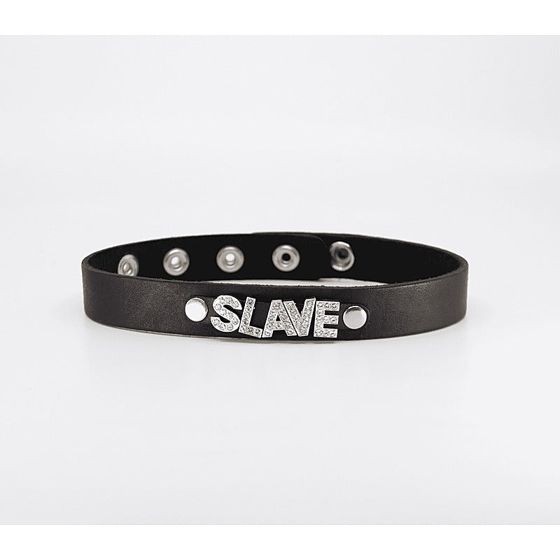 Love In Leather Diamante Slave Word BDSM Collar - Collars and Leads