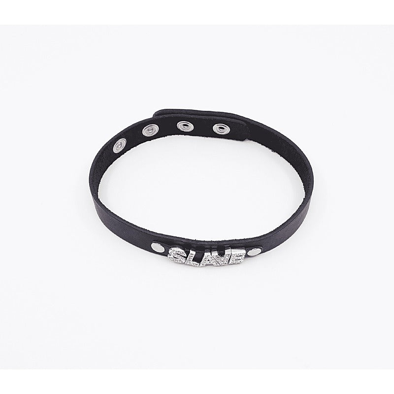 Love In Leather Diamante Slave Word BDSM Collar - Collars and Leads