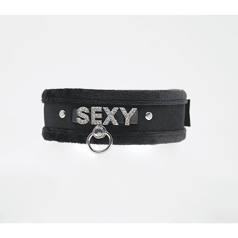 Love In Leather Diamante Sexy Fluffy Bondage Collar - Collars and Leads