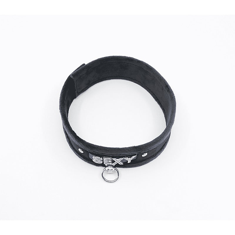 Love In Leather Diamante Sexy Fluffy Bondage Collar - Collars and Leads