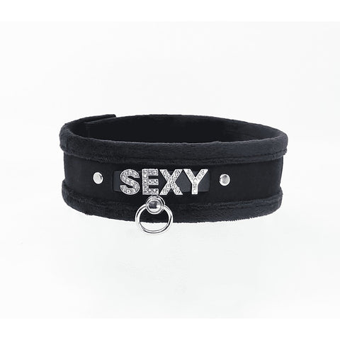 Love In Leather Diamante Sexy Fluffy Bondage Collar - Collars and Leads
