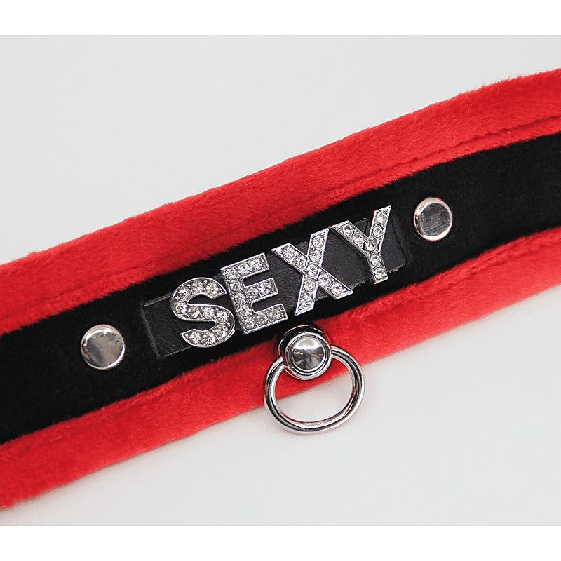 Love In Leather Diamante Sexy Fluffy Bondage Collar - Collars and Leads