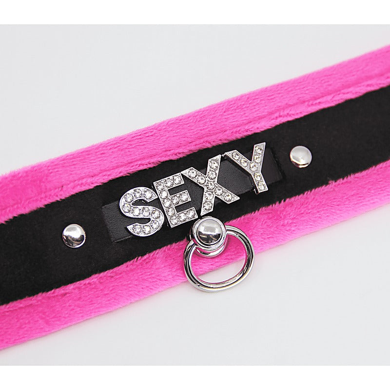 Love In Leather Diamante Sexy Fluffy Bondage Collar - Collars and Leads