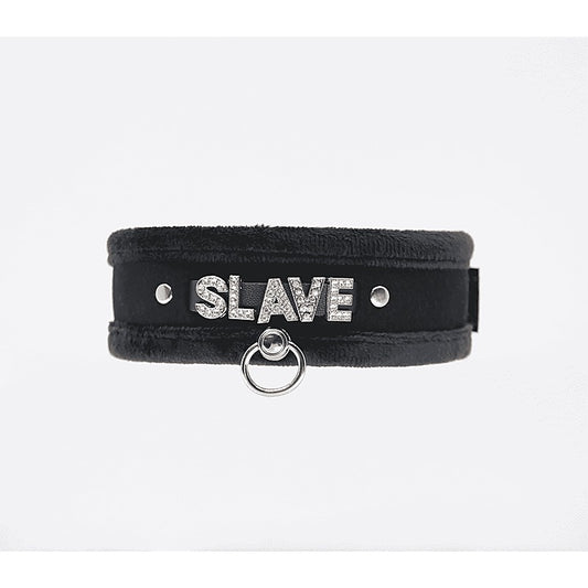 Love In Leather Diamante Slave Fluffy Fetish Collar - Collars and Leads
