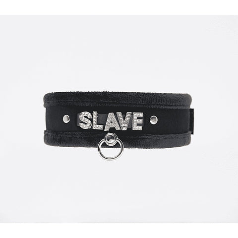 Love In Leather Diamante Slave Fluffy Fetish Collar - Collars and Leads